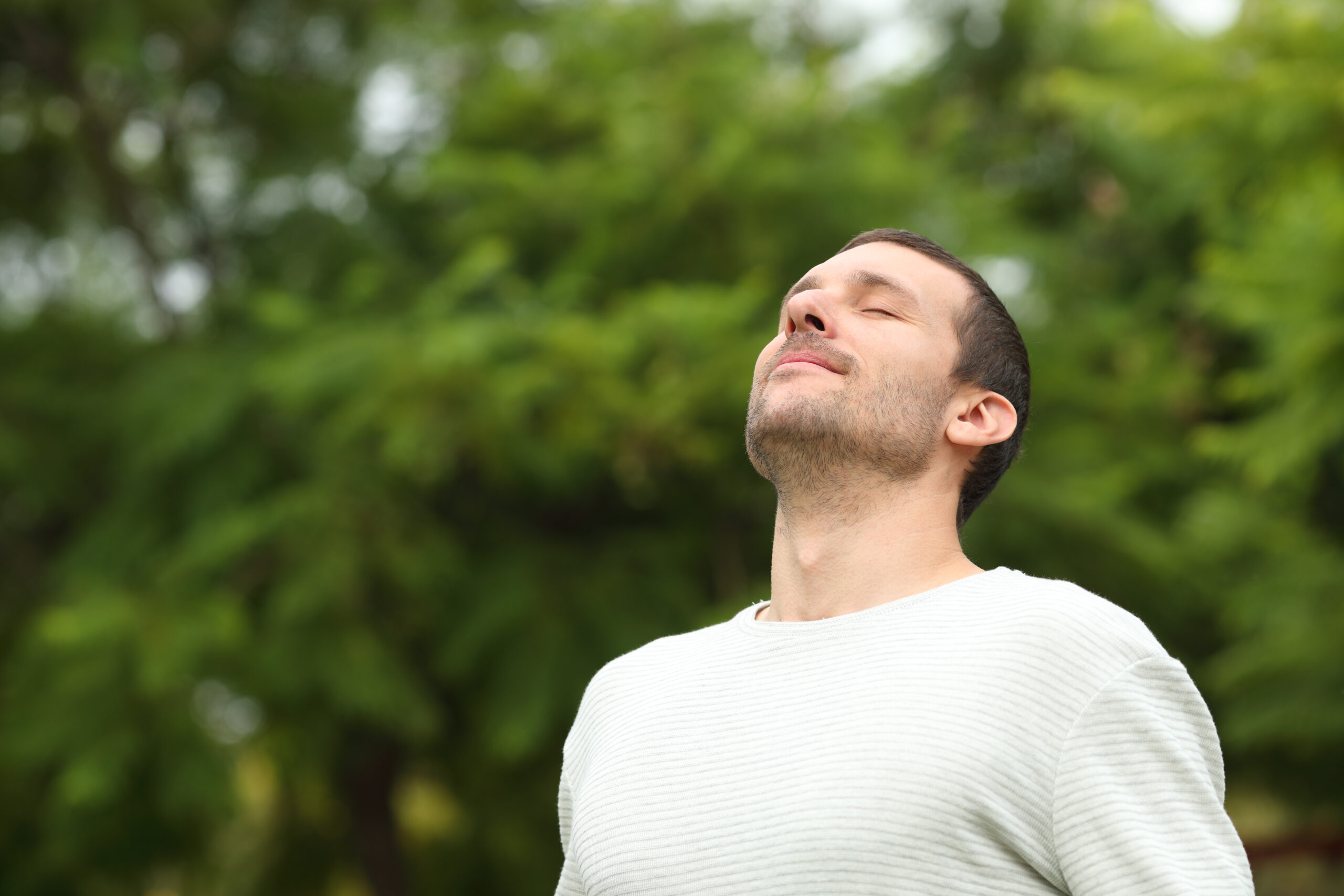 Happy man finds relief from morning anxiety